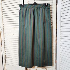Vintage 70s Cacharel Green Striped Wool Midi Skirt XS/S